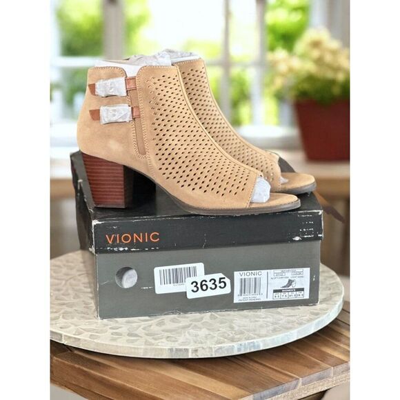 Vionic Aloft Chryssa Orthotic Booties Women’s 9.5 Peep Toe Block Heel Shoes - Picture 8 of 13